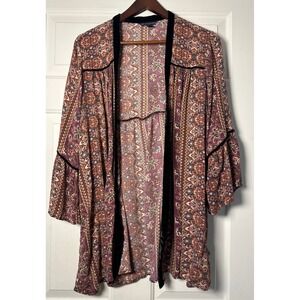 Bohemian Open-Front Kimono Cardigan Paisley Black Velvet Trim Bell Sleeve L/XL